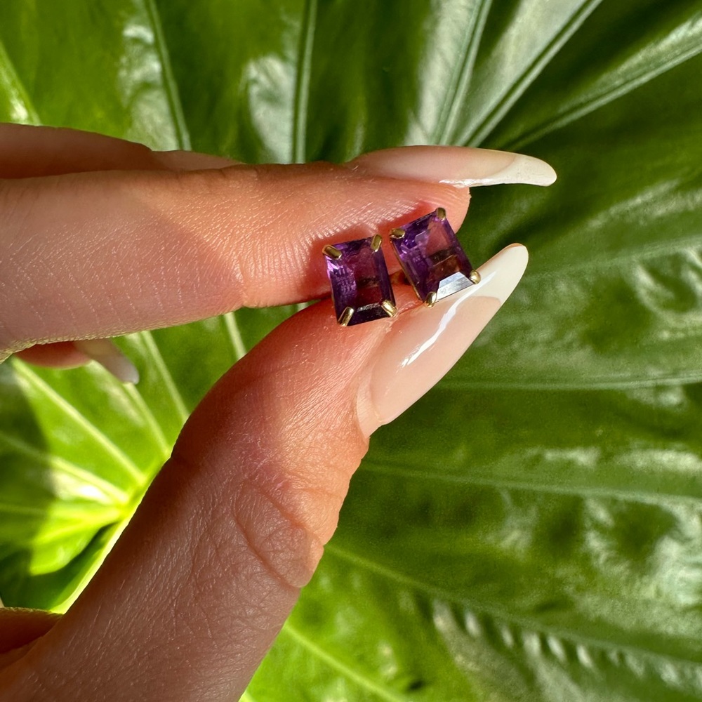 Amethyst and yellow gold emerald cut earrings